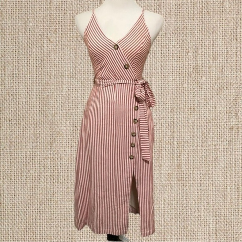 Red striped button down midi dress